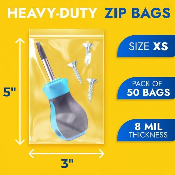 LYUSCI-3" x 5" Heavy-Duty Zip Plastic Bags Pack of 50, 8 Mil Extra Thick Clear Reclosable Poly Bags, Waterproof Resealable for Clothes, Hardware, Tools, Food