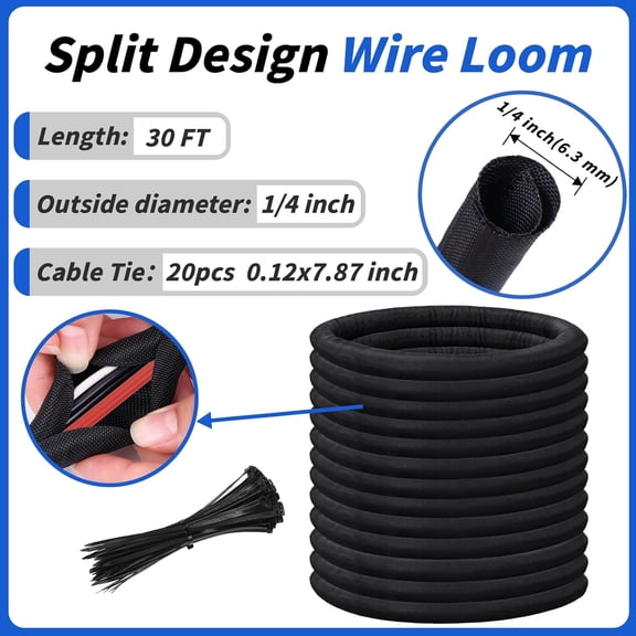 LYUSCI-30FT Split Braided Sleeve Cable Management, 1/4 Inch Wire Loom Tubing Cord Protector Self-Wrapping, Flexible Cable Sleeve Cord Management for Automotive TV Computer Electrical Cable Protection