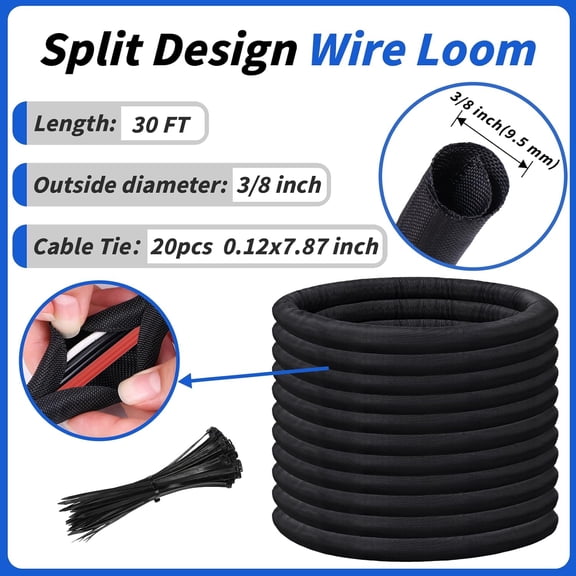 LYUSCI-30FT Split Braided Sleeve Cable Management, 3/8 Inch Wire Loom Tubing Cord Protector Self-Wrapping, Flexible Cable Sleeve Cord Management for Automotive TV Computer Electrical Cable Protection
