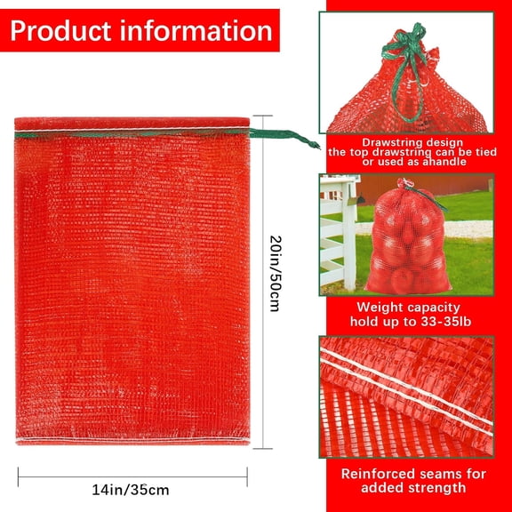 LYUSCI-32 Pcs 20x14in Red Mesh Onion Bags with Drawstring, 35 lb Reusable Fresh Produce Onion Storage Sacks For Onions Potato Garlic Citrus Crawfish and Firewood, Washable Breathable Net Bags For Veg