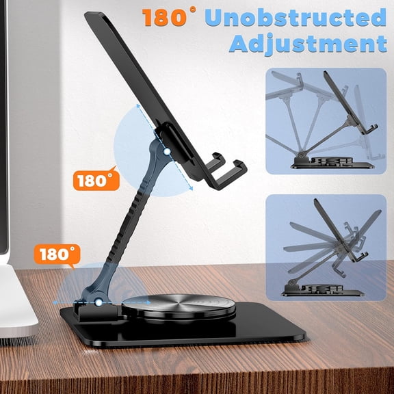 LYUSCI-360 Rotatable Foldable Phone Stand for Desk,Fully Adjustable Desktop Phone Holder Cradle Dock Compatible with iPhone 17 16 15 14 13 12 11 Pro Max,Tablets,All Phones(Black)