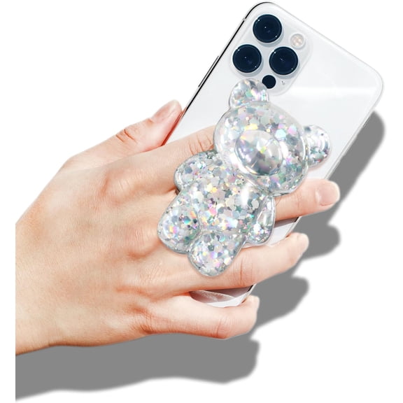 LYUSCI-3D Gummy Bear Style Expandable Collapsible Mobile Phone Grip Stand Holder for Smartphone Tablet Cell Phone Accessory (Silver Glitter)