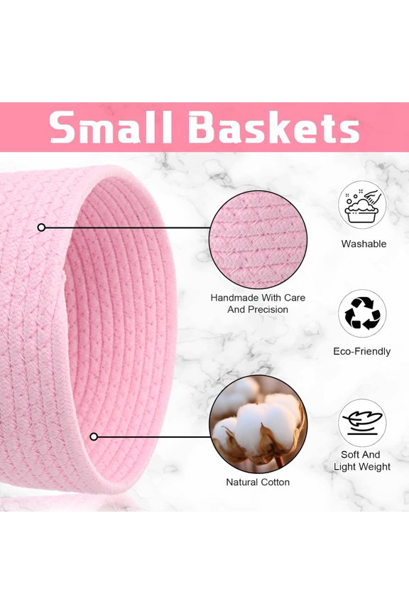 -4 Pcs Small Basket, Empty Woven Baskets Small Rope Storage Mini Basket Cotton Baskets for Organizing Gifts Cute Boho Tiny Round Gifts Bin Shelf Closet Decorative Bin for Nursery Bathroom(Pink)