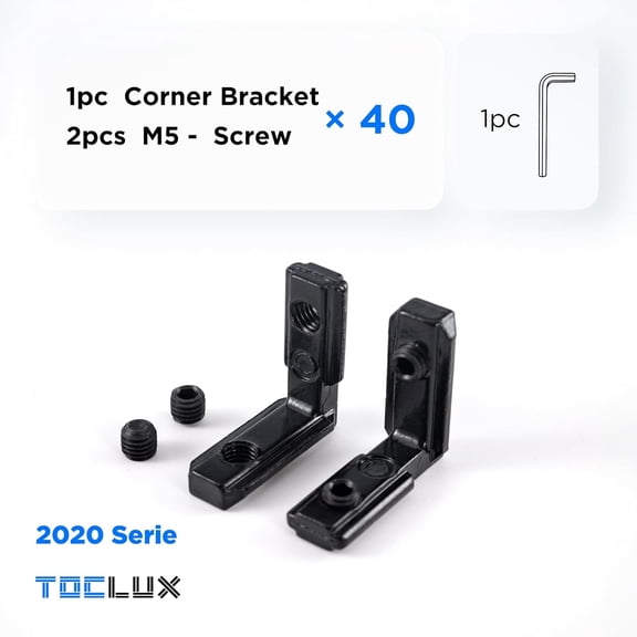 LYUSCI-40 Sets Black 2020 Inside Corner Brackets Kit 40 pcs L-Shape Inside Connector , 80 pcs M5 Hex Set Screws, 1 Ball-End Hex Wrench for 20 Series Aluminum Extrusion, 6mm T-Slot