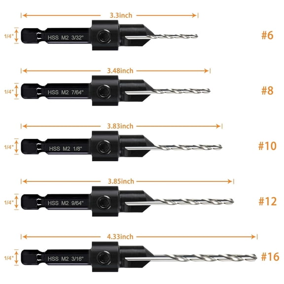LYUSCI-5-pc Woodworking Countersink Counterbore Drill Bit Set 3in1 for #6 8 10 12 16 Screws, M2 Pilot Drill Bits Adjustable Depth, 82-Degree Chamfer with Stop, 1/4 Hex Shank, Includes 2 Allen Wrench