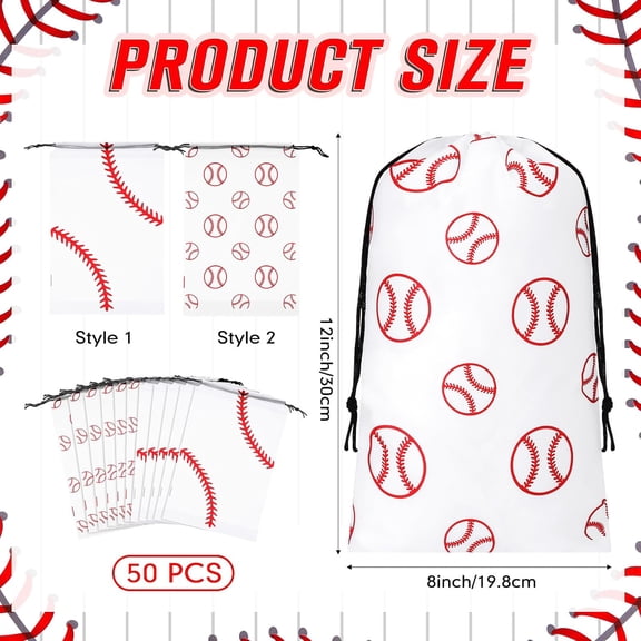 LYUSCI-50 Pcs Baseball & Softball Snack Drawstring Bags 8x12 in Large Plastic Goodie Gift Bags Party Favor Sports Team Treat Bag Waterproof Packaging Storage for Birthday Sport Party Supply(Baseball)