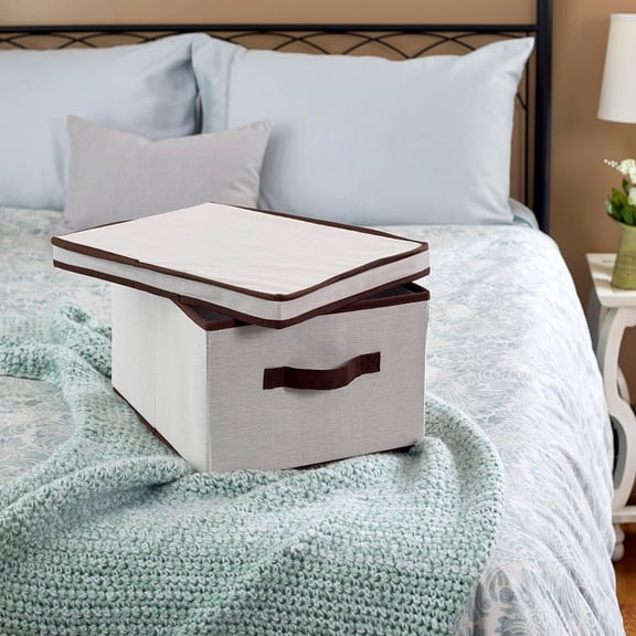 LYUSCI-513 Storage Box with Lid and Handle - Natural Beige Canvas with Brown Trim - Large