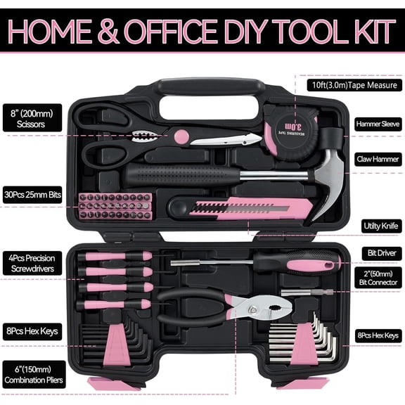 LYUSCI-58 Piece Household Tool Set, General Household Hand Tool Kit with Plastic Toolbox Storage Case, All Purpose Household Tool Kit for Women, Girls and Ladies, Pink