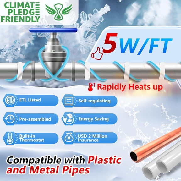 LYUSCI-5JHSF 3Ft Premium Self-Regulating Pre-Assembled Water Pipe Heat Cable for Ultimate Pipe Freeze Protection, Pipe Heat Trace Cable for Metal and Plastic Home Pipes, ETL Listed, 120V