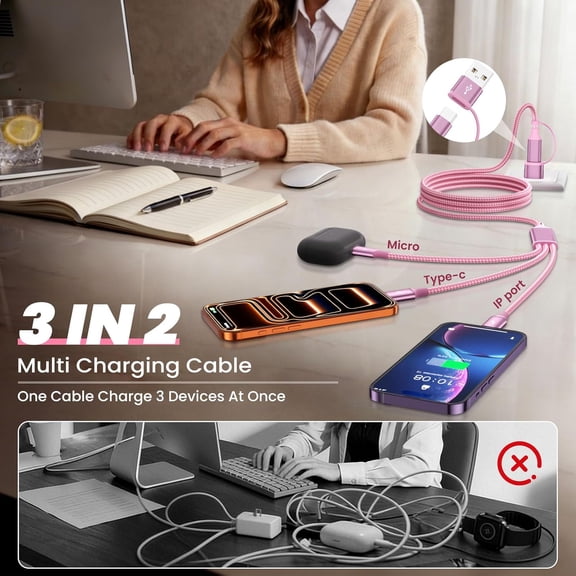 LYUSCI-6 in 1 Multi Charging Cable for Multiple Devices, Travel Cruise Essentials, Car Charger USBA/USB C Cable Phone Charger Cord for iPhone17-12, Galaxy S26/Android/iPad and More (2Packs, 5FT)