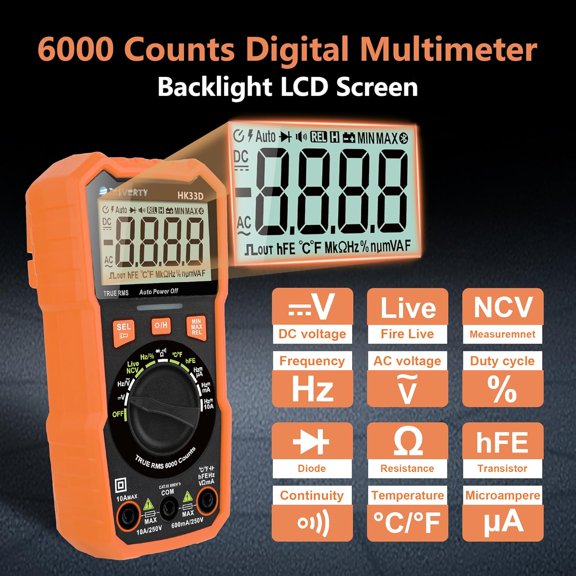 LYUSCI-6000 Counts Digital Multimeter Voltmeter Tester with NCV, LCD for AC/DC Voltage&Current, Resistance, Capacitance, Live Wire, Frequency, Temperature, Duty Cycle, Continuity, Diode Measuring