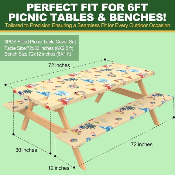 LYUSCI-72 X 30 Inch Elastic Fitted Camping Table Cover with Bench Covers & Storage Bag, Picnic Tablecloth, Fits 6ft Picnic Tables, Washable & Reusable, Spill Resistant,Waterproof - Yellow Beach