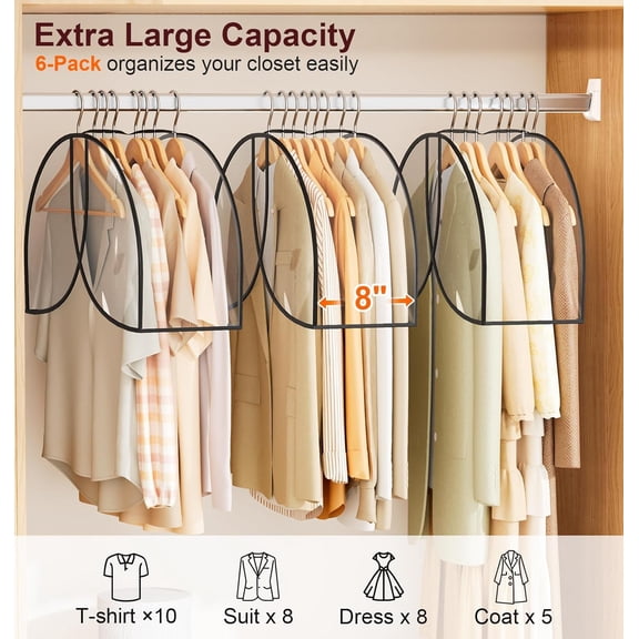 LYUSCI-8" Gusseted Shoulder Cover 6-Pack Wide Garment Covers for Clothes Storage Clear Plastic Clothes Cover for Hanging Dustproof Clothes Protectors for Hanging Clothes for Suits, Shirts, Coats