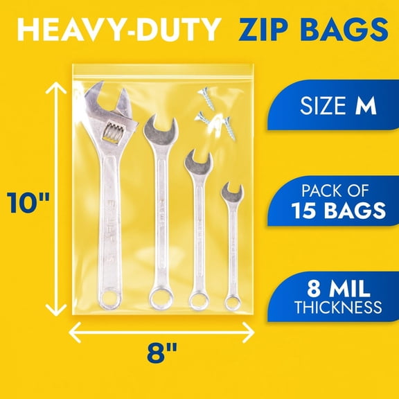 LYUSCI-8" x 10" Heavy-Duty Zip Plastic Bags Pack of 15, 8 Mil Extra Thick Clear Reclosable Poly Bags, Waterproof Resealable for Clothes, Hardware, Tools, Food
