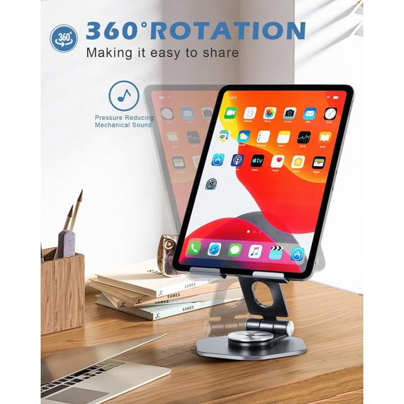 LYUSCI-Aluminum Tablet Stand, 360 Swivel for 512.9in Devices, Grey | Adjustable Viewing Angles; Foldable and Storage; Anti-Slip Protection; Improve heat dissipation