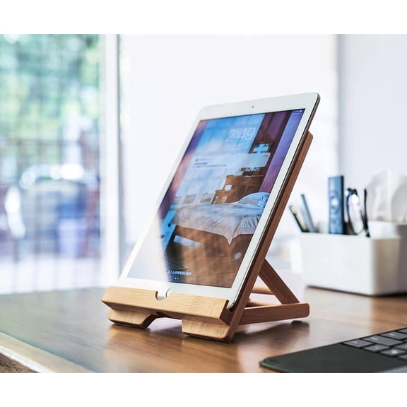 LYUSCI-Bamboo Tablet Stand Holder Adjustable Folding Wood iPad Stand with Chargeable Hole for Desk iPad Cooking Stand