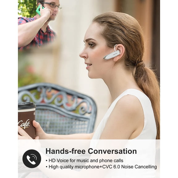 LYUSCI-Bluetooth Earpiece V5.0 Wireless Handsfree Headset with Microphone 24 Hrs Driving Headset 60 Days Standby Time for iPhone Android Samsung Laptop Trucker Driver (White)