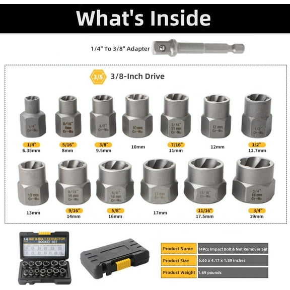 LYUSCI-Bolt Extractor Kit,14 Pcs Nut Extractor Socket Set,1/4-3/8 Drive Drive Rounded Bolt Remover,Bolt Remover Tool Set for Removing Damaged/Dead/Rusted Bolts,Nuts & Screws,with Hex Adapter