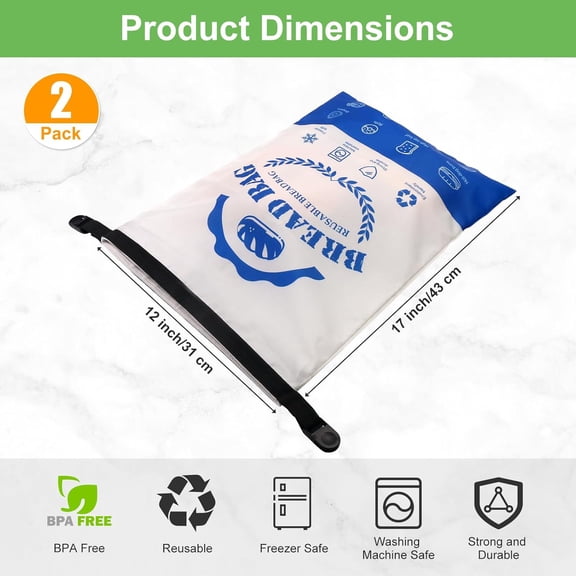 LYUSCI-Bread Bags for Homemade Breads- 2 Pack Blue Reusable Zipper Bread Bags for Sourdough, Large Freezer Safe Food Storage Bag to Keep Loaf Fresh (Blue, 2 Pack)