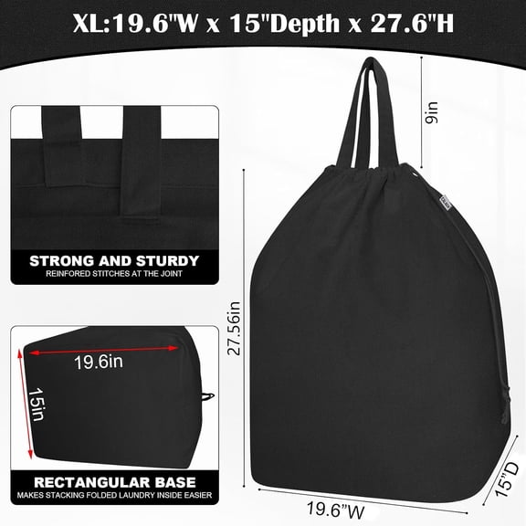 LYUSCI-Canvas Laundry Bags with Handles & Rectangular Base, 20"Wx15"Dx27.6"H Extra Large Heavy Duty Laundry Basket Hamper Liner Replacement, Washable Canvas Drawstring Dirty Clothes Bag (Black)