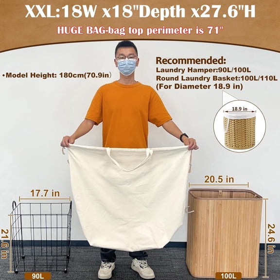 LYUSCI-Canvas Laundry Bags with Handles & Square Base18"Wx18"Dx27.6"H, Extra Large Heavy Duty Laundry Basket Hamper Liner, Washable Drawstring Dirty Clothes Bag Canvas Storage Sack (Beige XXL,1 Pack)