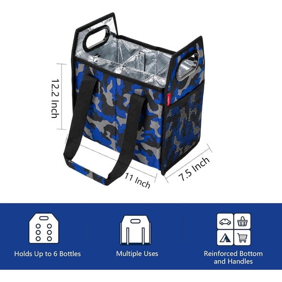 LYUSCI-Collapsible 12 Bottle Wine Carrier with Dividers Reusable Portable Wine Tote Bag Handles Strap, Durable Wine Storage Box for Travel, Moving, Picnic, Grocery Shopping (Black Blue Camo, 6 Bottle