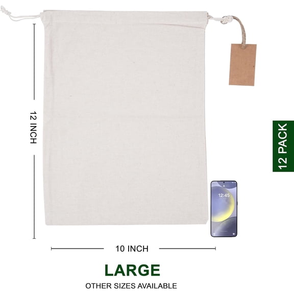 LYUSCI-Cotton Storage Bags with Drawstrings Large 10x12 Inch - 12 Pcs Reusable Muslin Bulk Flour Sack Bag,Cotton Fabric Bread Bags Bulk Food Produce Natural Storage Bag