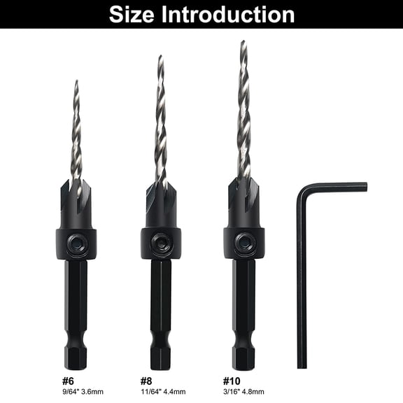 LYUSCI-Countersink Drill Bit Set, 3Pcs Tapered Drill Bits M2 HSS, with 1/4" Hex Shank Quick Change and Allen Wrench, Counter Sinker Set for Woodworking and Carpentry, Pilot Screw Hole Set