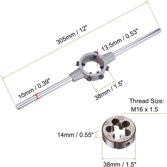 LYUSCI-Die Stock Handle Wrench Set, M16 x 1.5 Threading Round Die and 38mm (Fit M12-M16 Dies) Holder Adjustable Wrench Hand Tool