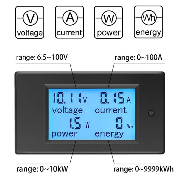 LYUSCI-Digital Ammeter Voltmeter DC Voltage Current Power Energy Meter 6.5V~100V with 100A Shunt, DC Volt Amp Watt KWh Meter Panel Gauge LCD Display 4 in 1 Multimeter Solar