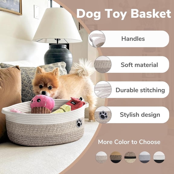 LYUSCI-Dog Basket Gift Basket Empty, 13.6"x 10" x 6" Woven Storage Baskets for Organizing, Cotton Rope Baskets for Shelf, Dog Storage Bins with Handles, Mixed-Brown
