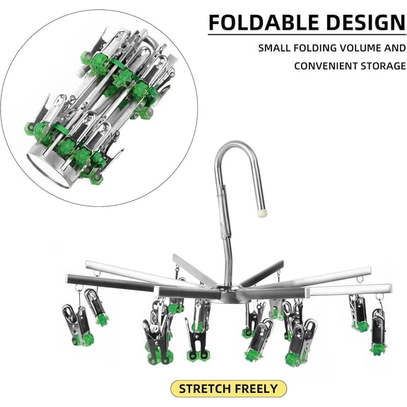 LYUSCI-Drying Hanger, Hanging Drying Rack, Drip Hanger Stainless Steel with 16 Pegs for Laundry Underwear Socks, Quickly Remove Clothes from Hanger, Windproof, Folding Portable, (Green)