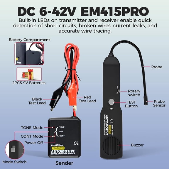 LYUSCI-EM415Pro Automotive Circuit Breaker Finder,Short and Open Circuit Finder Tester,DC 6-42V Wire Tracer Cable Toner with Flexible Probe for Car Home Repair Diagnostic(with Batteries)