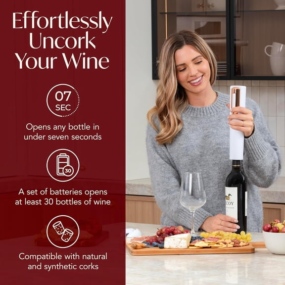 LYUSCI-Electric Wine Opener Battery Operated with Stand and Built-in Foil Cutter - Automatic Wine Opener - Electric Corkscrew for Easy Cork Removal - Best Gift for Wine Lover (White & Rose Gold)