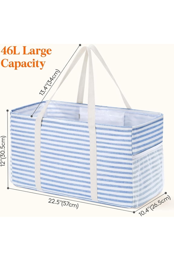 -Extra Large Tote Bag, Reusable Grocery Bags with Metal Wire Frame and Handles, Standing Utility Foldable Shopping Bags for Storage, Picnics, Beach, Laundry, Car, 46L, 1 Pack, Blue