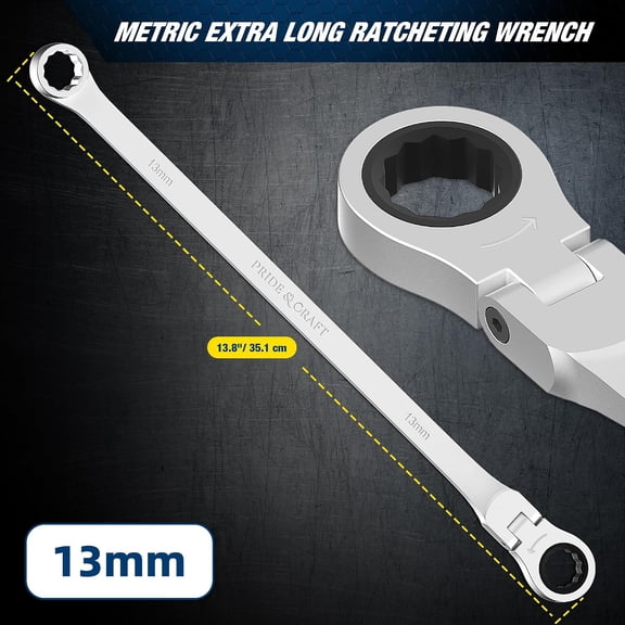 LYUSCI-Extra Long Ratcheting Wrench 13mm, Metric Flex Head Double Box End, 2X Longer Wrenches, Chrome Vanadium Steel with 90-Tooth Ratchet for Automotive Repair