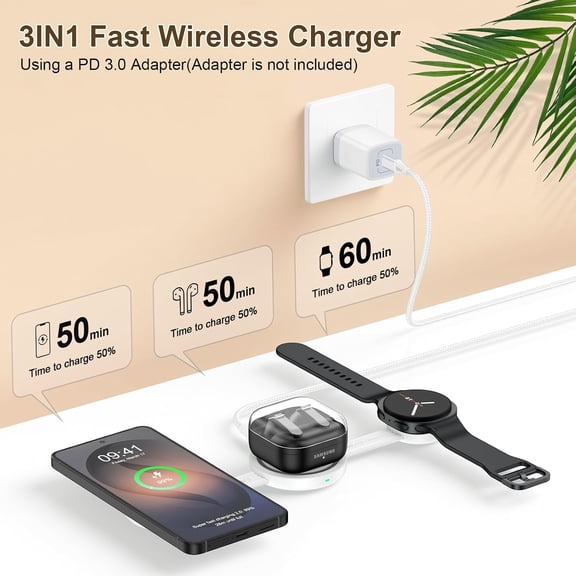 LYUSCI-Foldable 3 in 1 Wireless Charging Station, Travel Charger Pad for Samsung Multi Devices, 18W Fast Wireless Charging Stand for Samsung Galaxy S26 S25 S24 Ultra Watch 8/7/6/5/4/3/Buds4, Pixel 10