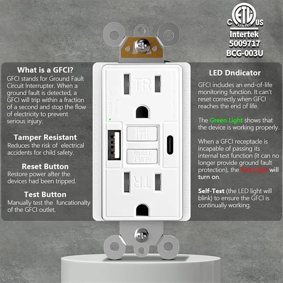 LYUSCI-GFCI Outlet 15 Amp, ETL Listed, Charging Power Outlet with USB C & USB A Ports, Tamper-Resistant, Self-Test GFI Receptacles, LED Indicator, with Screwless Decor Wall Plates