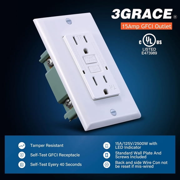 LYUSCI-GFCI Outlet, Tamper-Resistant GFI Receptacle with LED Indicator, Self-Test Ground Fault Circuit Interrupter, Decorator Wall Plates and Screws Included, UL Listed, White (White, 15A 2 Pack)