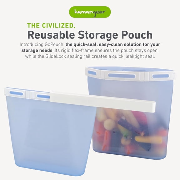 LYUSCI-GoPouch - Flexible Food Storage Container, Quick-Seal, Reusable Pouches, Leak Proof Bag with Slide-Lock Closure System, Blue, Medium