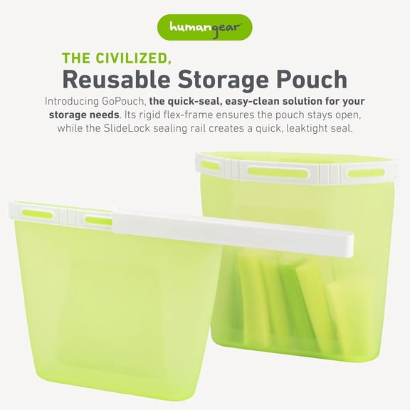 LYUSCI-GoPouch - Flexible Food Storage Container, Quick-Seal, Reusable Pouches, Leak Proof Bag with Slide-Lock Closure System, Green, Medium