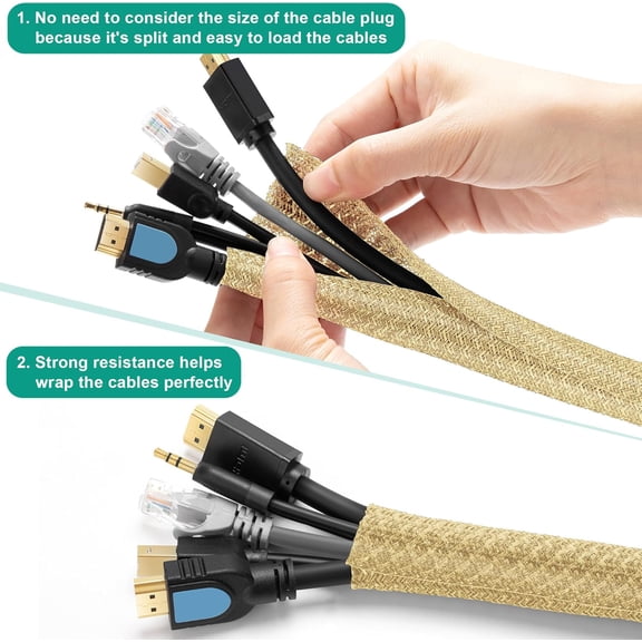 LYUSCI-Gold Cable Sleeve, 6.6ft, 1/2 inch | Cable Organizer, Wire Protector, Cable Wrap Cover, Cord Management