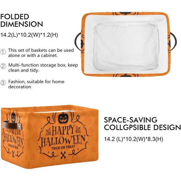 LYUSCI-Halloween Pumpkin Foldable Storage Basket for Shelves, Collapsible Waterproof Sturdy Fabric Storage Bin with Handles, Canvas Storage Cube for Organizing Shelf Nursery Home Closet 1PCS