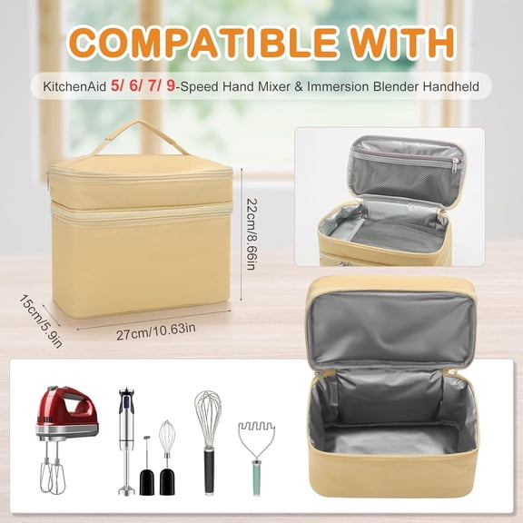 LYUSCI-Hand Mixer Case for Kitchen Aid - Immersion Blender Attachments Storage Bag Blender Stick Handheld Carrying Case with Handle Hand Mixer Accessories, Portable Travel Organizer (Bag Only) Yellow