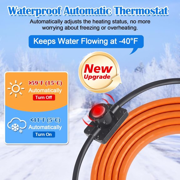 LYUSCI-Heat Tape for Water Pipes, 6ft Pipe Heat Tape with Thermostat, Self Regulating Heat Tape Cable, Freeze Protection Heating Cable Wrap for Water Pipes, Used for Metal Plastic Pipes and Roof RV