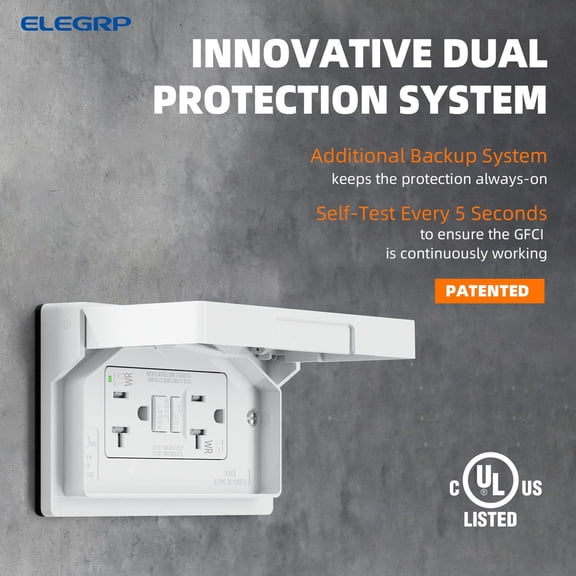 LYUSCI-Horizontal Outdoor GFCI Outlet with Cover, Weather Resistant GFCI Receptacle and Wall Plate, 20 Amp Self-Test GFI Outlet, Thinner Design Ground Fault Receptacle, UL Listed, Matte White, 1 Pack