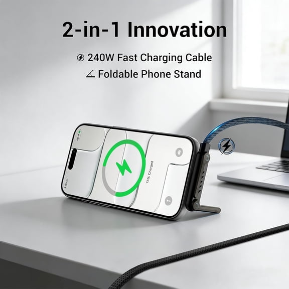 LYUSCI-Invisible Stand Charger Cable 240w Fast Charger with Stand 2-in-1 Hidden Stand Charging Type-C and USB Easy Conversion for Working and Home (Type C Or USB to Type-C) 1PACK