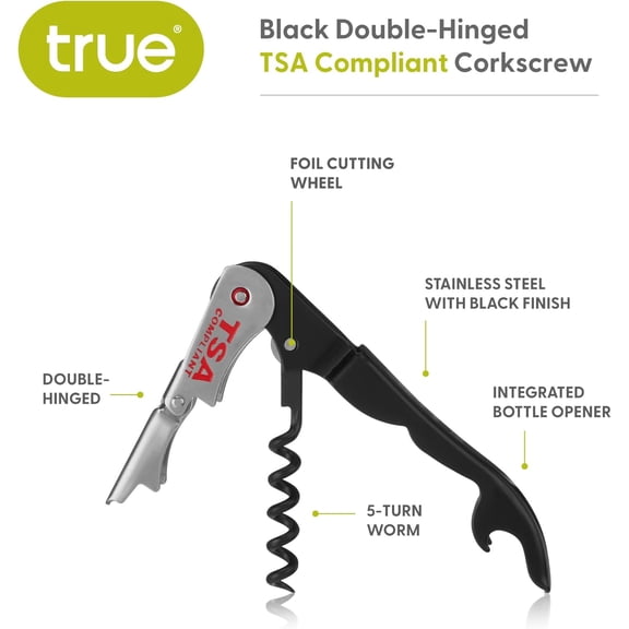 LYUSCI-Jetsetter TSA Compliant Double Hinged Waiters Corkscrew Wine Opener, Durable Stainless Steel with Built-in Bottle Opener and Foil Cutter for Travel, Outdoor Adventures, Home Bar, Set of 1, Bla