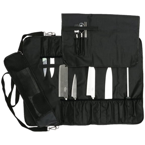 LYUSCI-Knife Roll,Chef Knife Roll Bag With 17 Slots Can Holds13 Knives,1 Meat Cleaver, And 3 Utensil Pockets,Durable Knife Bag With Handle,Shoulder Strap & Zippered Mesh Pocket Holder