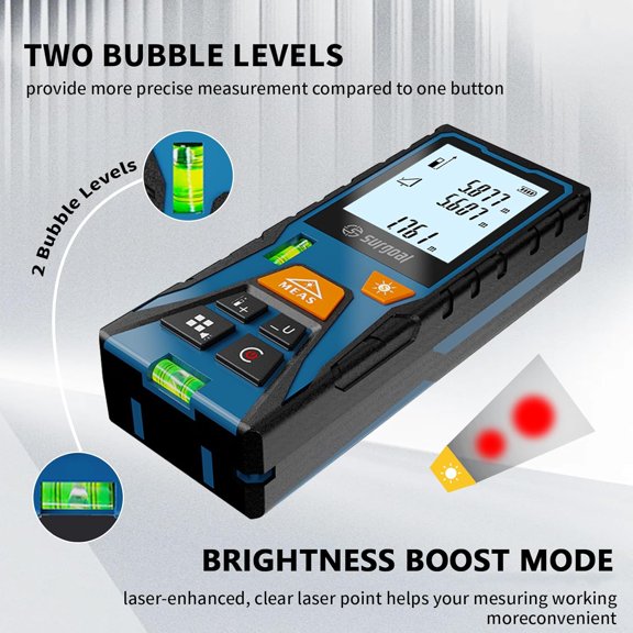 LYUSCI-Laser Distance Meter Digital Laser Measuring Tool with LCD Backlit Display, Area Volume Pythagorean, 2mm Accuracy, Class II, Electronic Tape Measure for DIY Construction  AAA Battery Powered